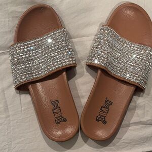 Brown Slide Sandals with Silver Crystal Strap